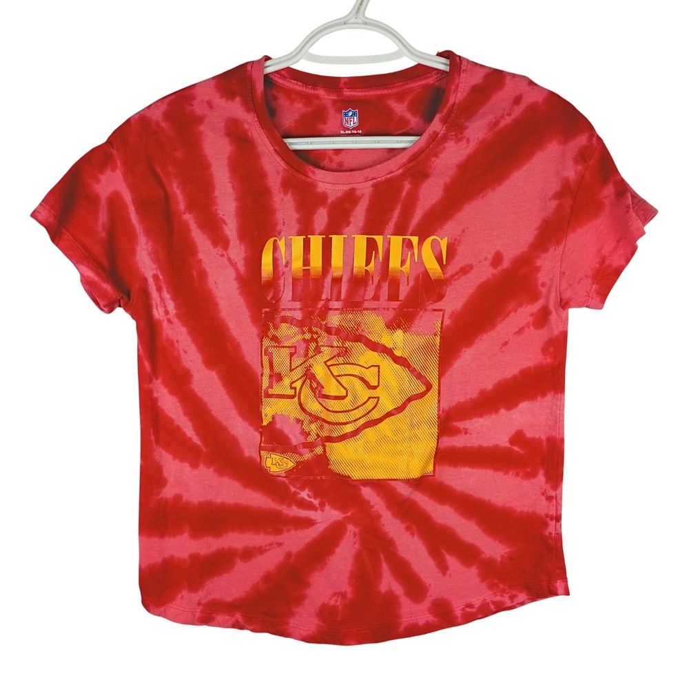 NFL Kansas City Chiefs Tie Dye Graphic T-Shirt Red Yellow XL 16 Womens Kids